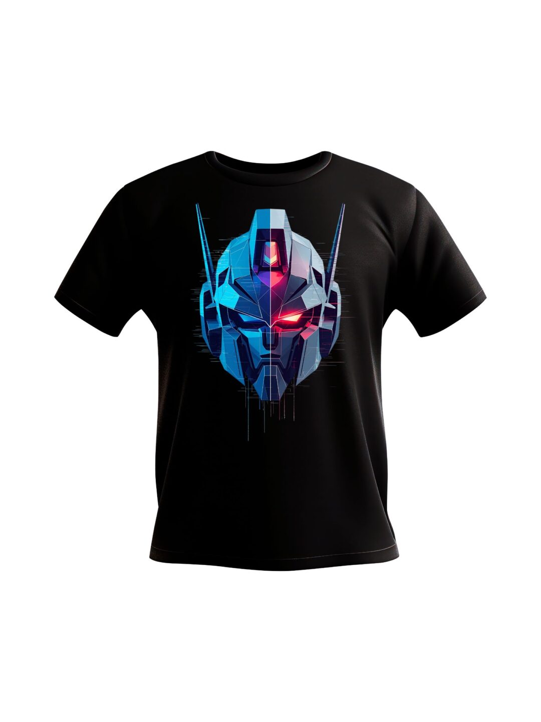 A high-resolution digital design of a futuristic robot head. The head is vertically split, with the left side featuring cool blue tones and the right side fiery red tones with a single glowing red eye. The design has sharp, metallic textures and a glitched effect at the bottom, all on a black background.