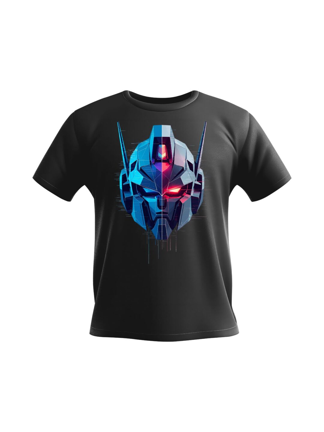A high-resolution digital design of a futuristic robot head. The head is vertically split, with the left side featuring cool blue tones and the right side fiery red tones with a single glowing red eye. The design has sharp, metallic textures and a glitched effect at the bottom, all on a black background.