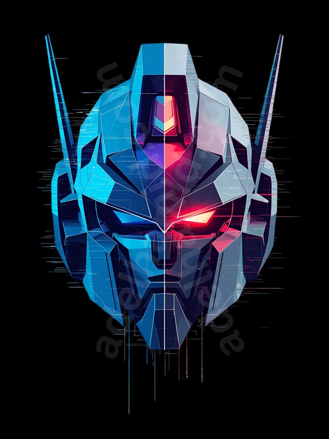 A high-resolution digital design of a futuristic robot head. The head is vertically split, with the left side featuring cool blue tones and the right side fiery red tones with a single glowing red eye. The design has sharp, metallic textures and a glitched effect at the bottom, all on a black background.