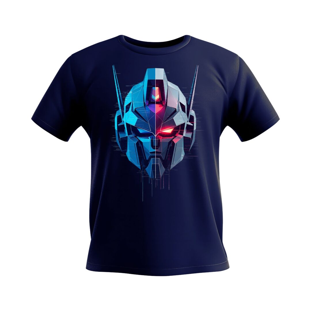 A high-resolution digital design of a futuristic robot head. The head is vertically split, with the left side featuring cool blue tones and the right side fiery red tones with a single glowing red eye. The design has sharp, metallic textures and a glitched effect at the bottom, all on a black background.