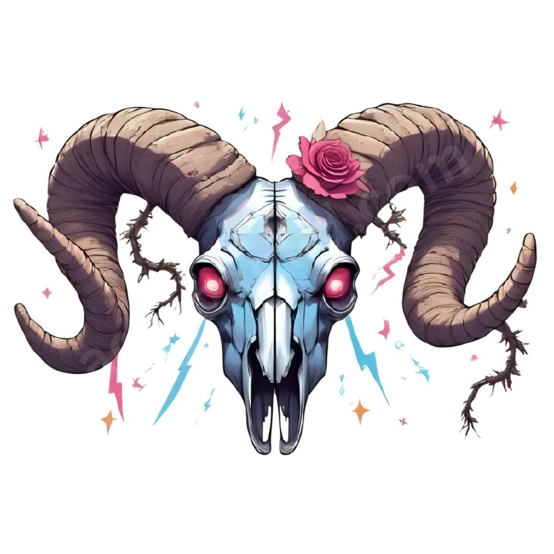 Cyberpunk Aries illustration – neon cracked ram skull with roses