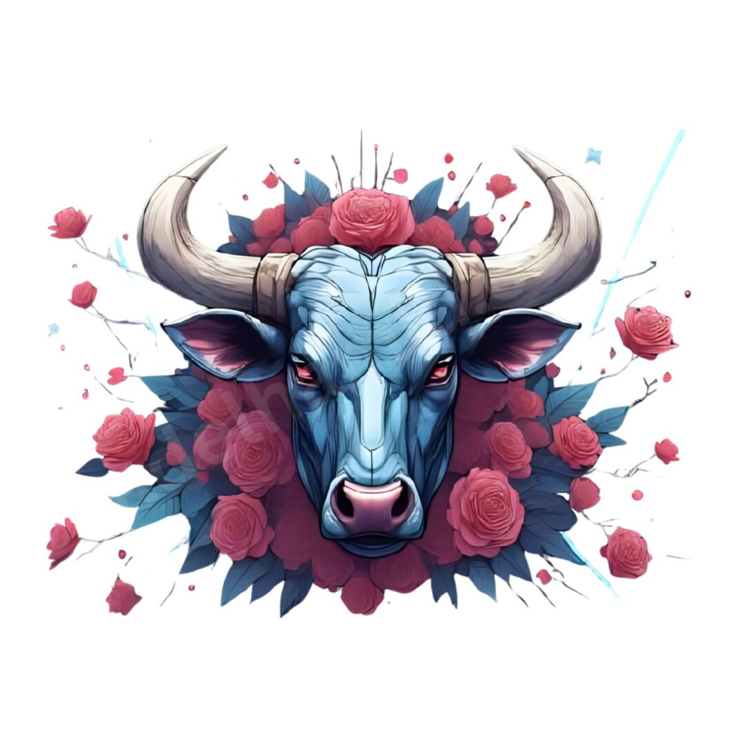 Cyberpunk Taurus illustration – neon cracked ram skull with roses