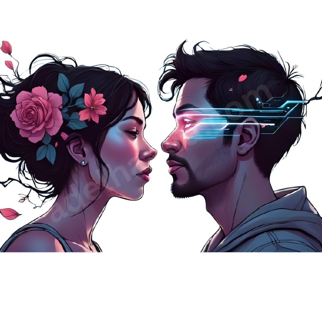 Cyberpunk Gemini illustration – neon with roses