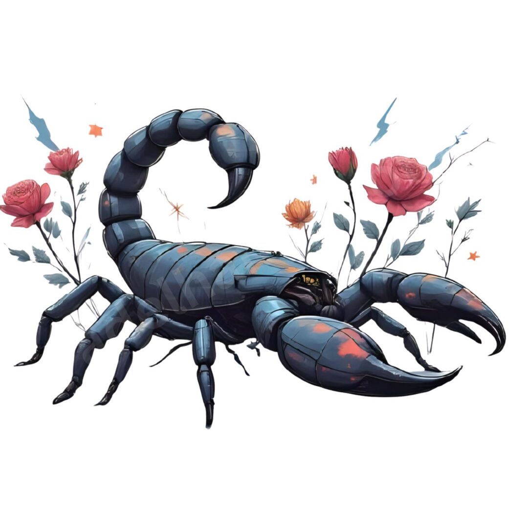 Cyberpunk Scorpio illustration – neon with roses